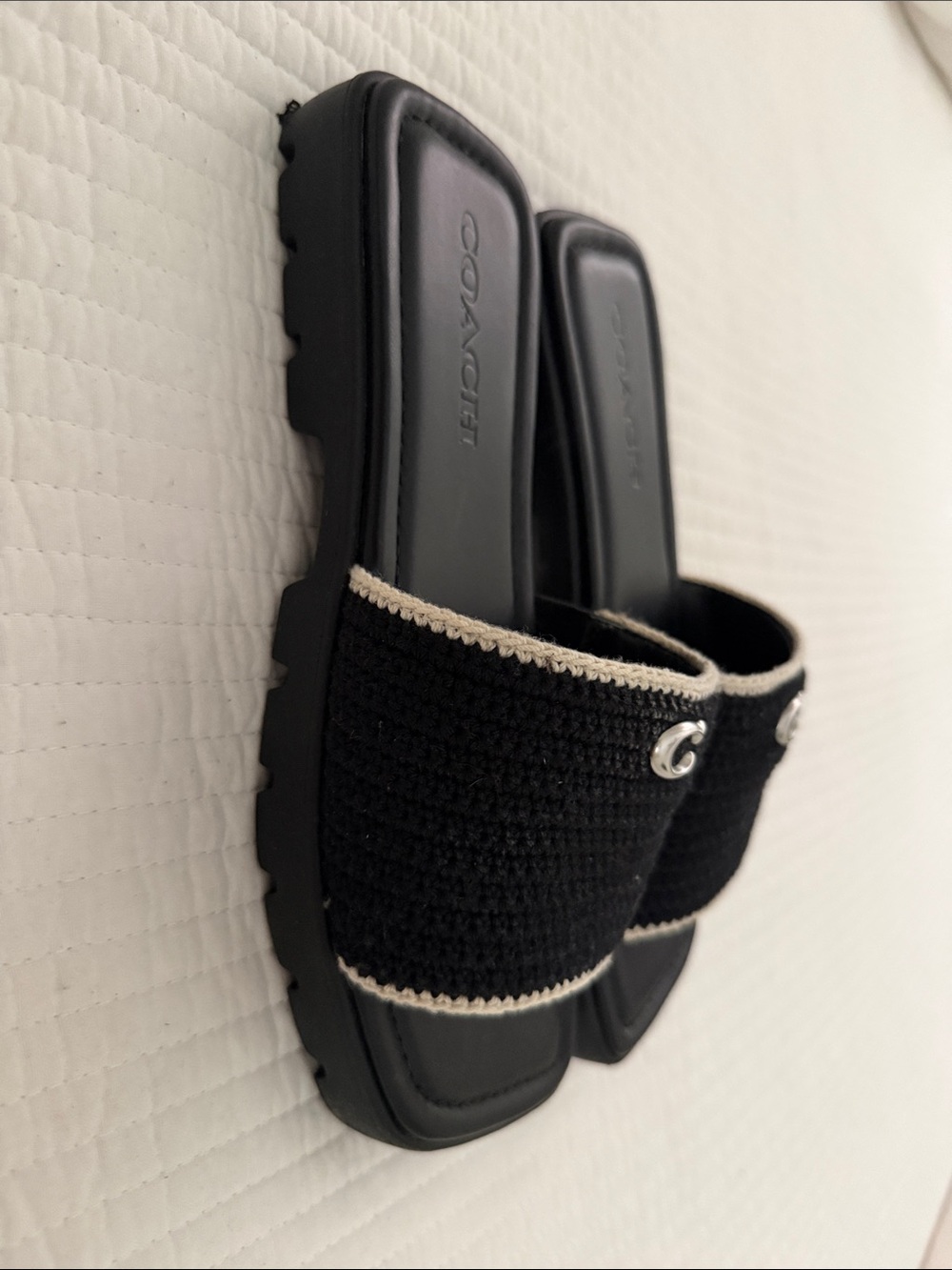 Coach Black Crochet Slide Sandals with Ivory Trim and Silver 'C' - Picture 2 of 6